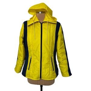 Montgomery Ward Ski Jacket Women Medium Pockets Full Zip Hood Yellow 80s Vintage